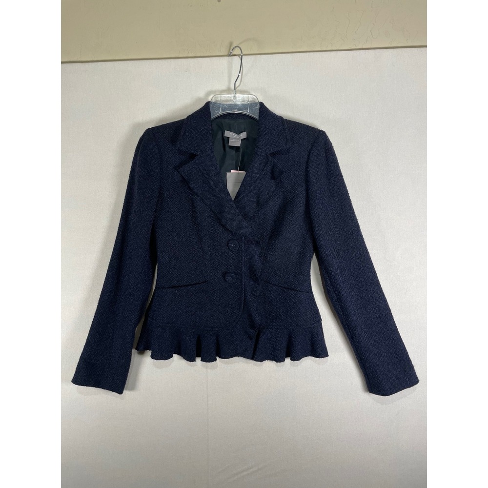Ann Taylor Petites Navy Blue Tweed Peplum Ruffle Blazer Jacket 00P NWT $198